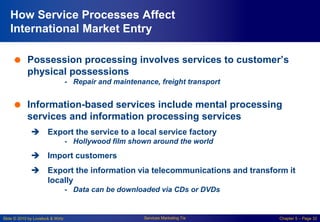 Slide © 2010 by Lovelock & Wirtz Services Marketing 7/e Chapter 5 – Page 32
How Service Processes Affect
International Market Entry
 Possession processing involves services to customer’s
physical possessions
- Repair and maintenance, freight transport
 Information-based services include mental processing
services and information processing services
 Export the service to a local service factory
- Hollywood film shown around the world
 Import customers
 Export the information via telecommunications and transform it
locally
- Data can be downloaded via CDs or DVDs
 