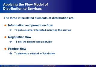 Slide © 2010 by Lovelock & Wirtz Services Marketing 7/e Chapter 5 – Page 5
Applying the Flow Model of
Distribution to Services
The three interrelated elements of distribution are:
 Information and promotion flow
 To get customer interested in buying the service
 Negotiation flow
 To sell the right to use a service
 Product flow
 To develop a network of local sites
 