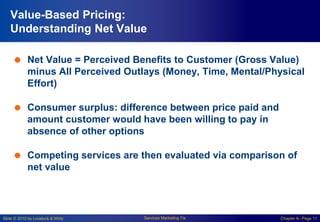 Slide © 2010 by Lovelock & Wirtz Services Marketing 7/e Chapter 6– Page 11
Value-Based Pricing:
Understanding Net Value
 Net Value = Perceived Benefits to Customer (Gross Value)
minus All Perceived Outlays (Money, Time, Mental/Physical
Effort)
 Consumer surplus: difference between price paid and
amount customer would have been willing to pay in
absence of other options
 Competing services are then evaluated via comparison of
net value
 