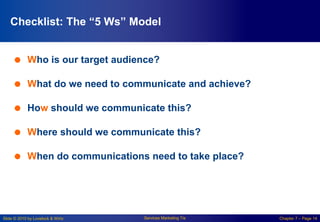 Slide © 2010 by Lovelock & Wirtz Services Marketing 7/e Chapter 7 – Page 14
Checklist: The “5 Ws” Model
 Who is our target audience?
 What do we need to communicate and achieve?
 How should we communicate this?
 Where should we communicate this?
 When do communications need to take place?
 