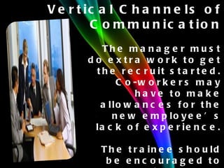 Vertical Channels of Communication The manager must do extra work to get the recruit started. Co-workers may have to make allowances for the new employee’s lack of experience. The trainee should be encouraged to ask questions about the job and the company 