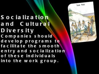 Socialization and Cultural Diversity Companies should develop programs to facilitate the smooth entry and socialization of these individuals into the work group. 