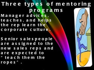 Manager advices, teaches, and helps the rep learn the corporate culture. Senior salespeople are assigned to the new sales reps and are expected to “teach them the ropes”. Mentor knows the cast of characters and can provide valuable advice. Three types of mentoring programs 