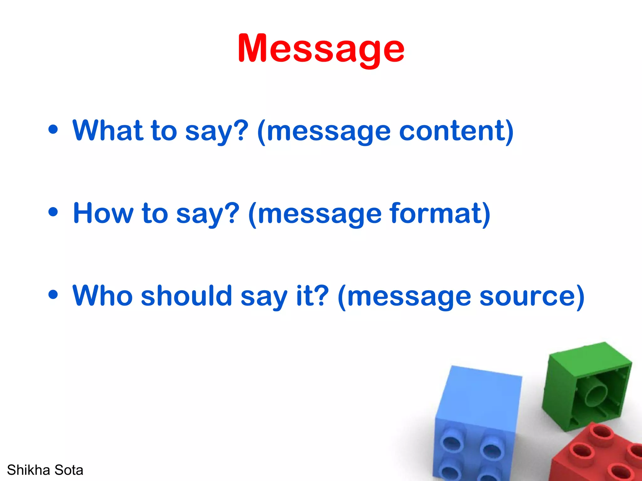 Message
• What to say? (message content)
• How to say? (message format)
• Who should say it? (message source)
Shikha Sota
 
