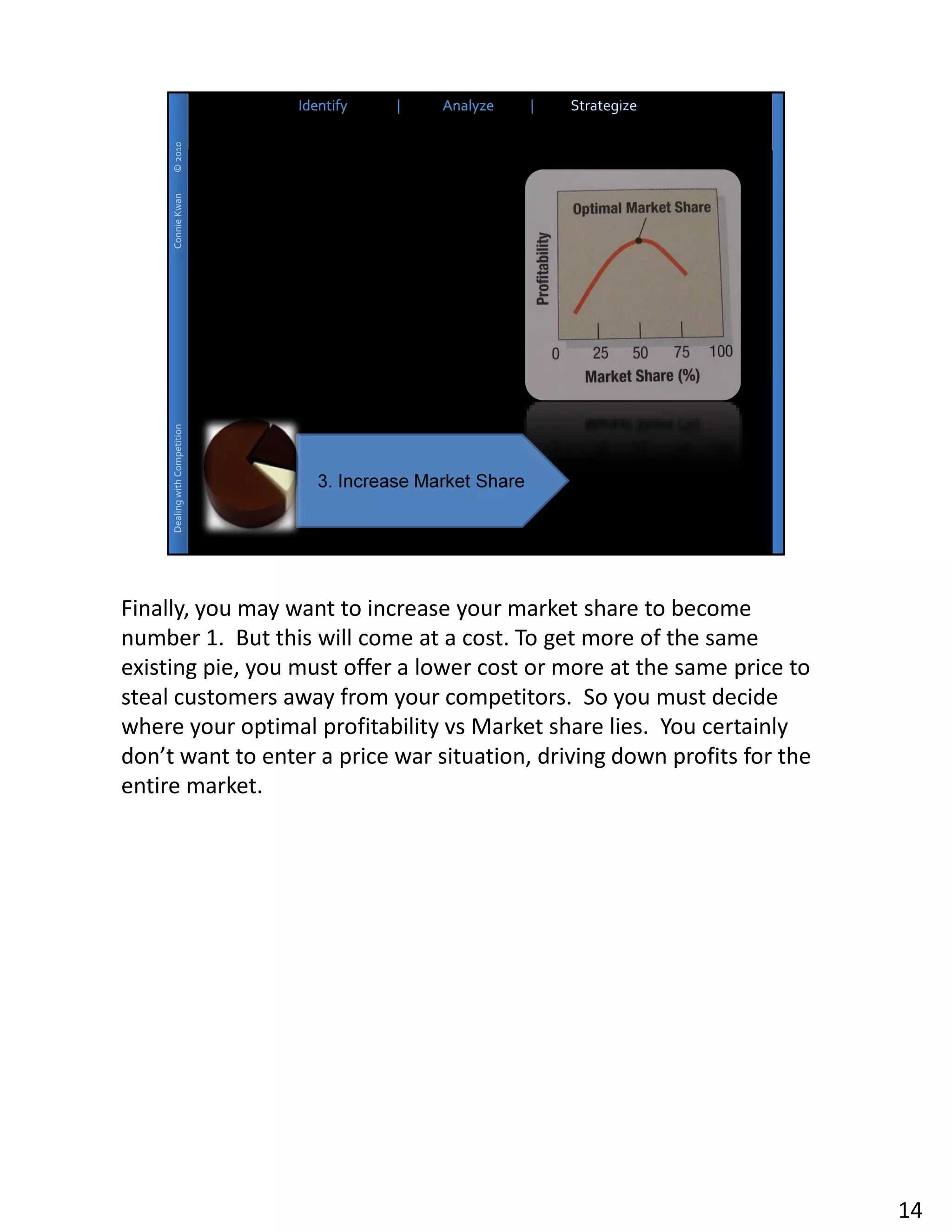Finally, you may want to increase your market share to become
number 1. But this will come at a cost. To get more of the same
existing pie, you must offer a lower cost or more at the same price to
steal customers away from your competitors. So you must decide
where your optimal profitability vs Market share lies. You certainly
don’t want to enter a price war situation, driving down profits for the
entire market.




                                                                          14
 