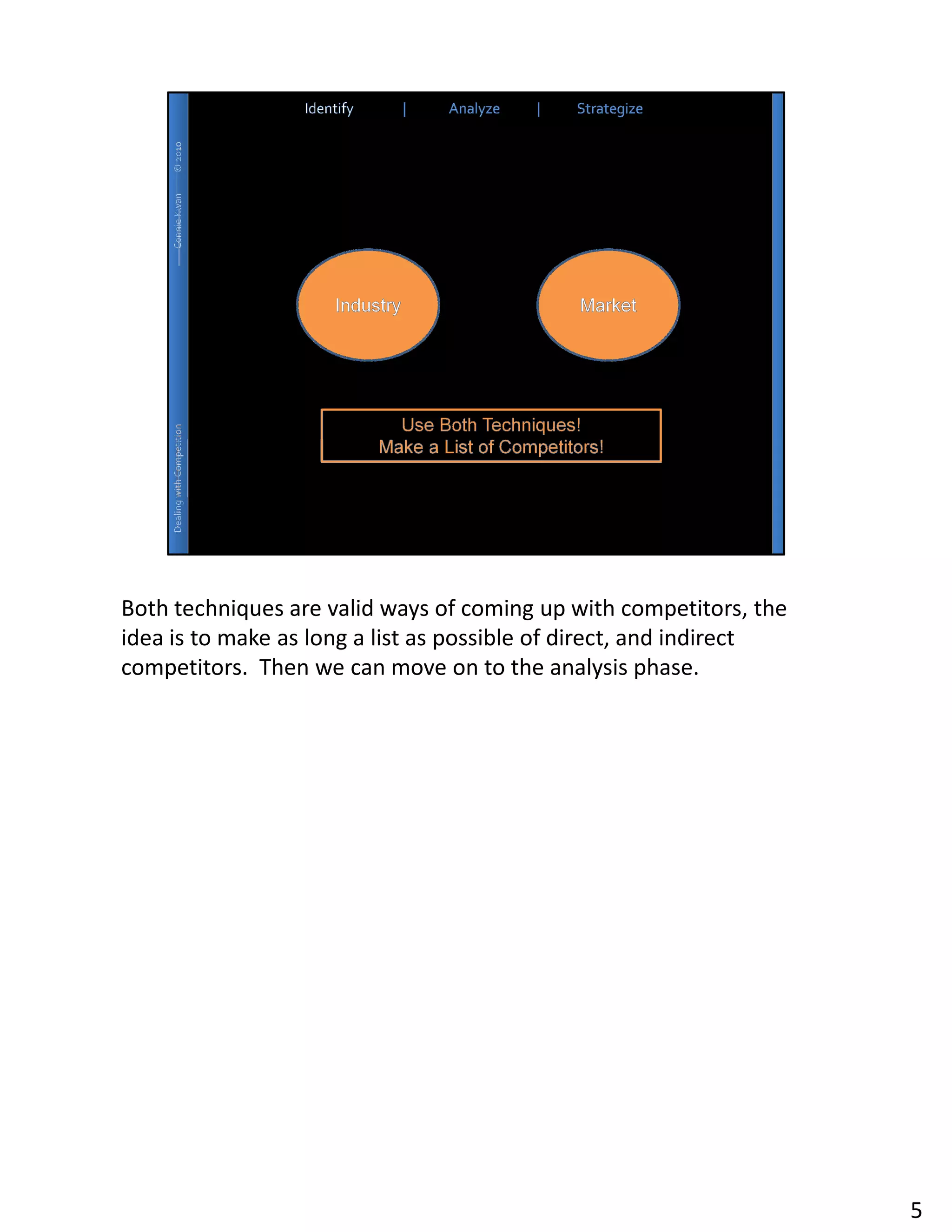 Both techniques are valid ways of coming up with competitors, the
idea is to make as long a list as possible of direct, and indirect
competitors. Then we can move on to the analysis phase.




                                                                     5
 