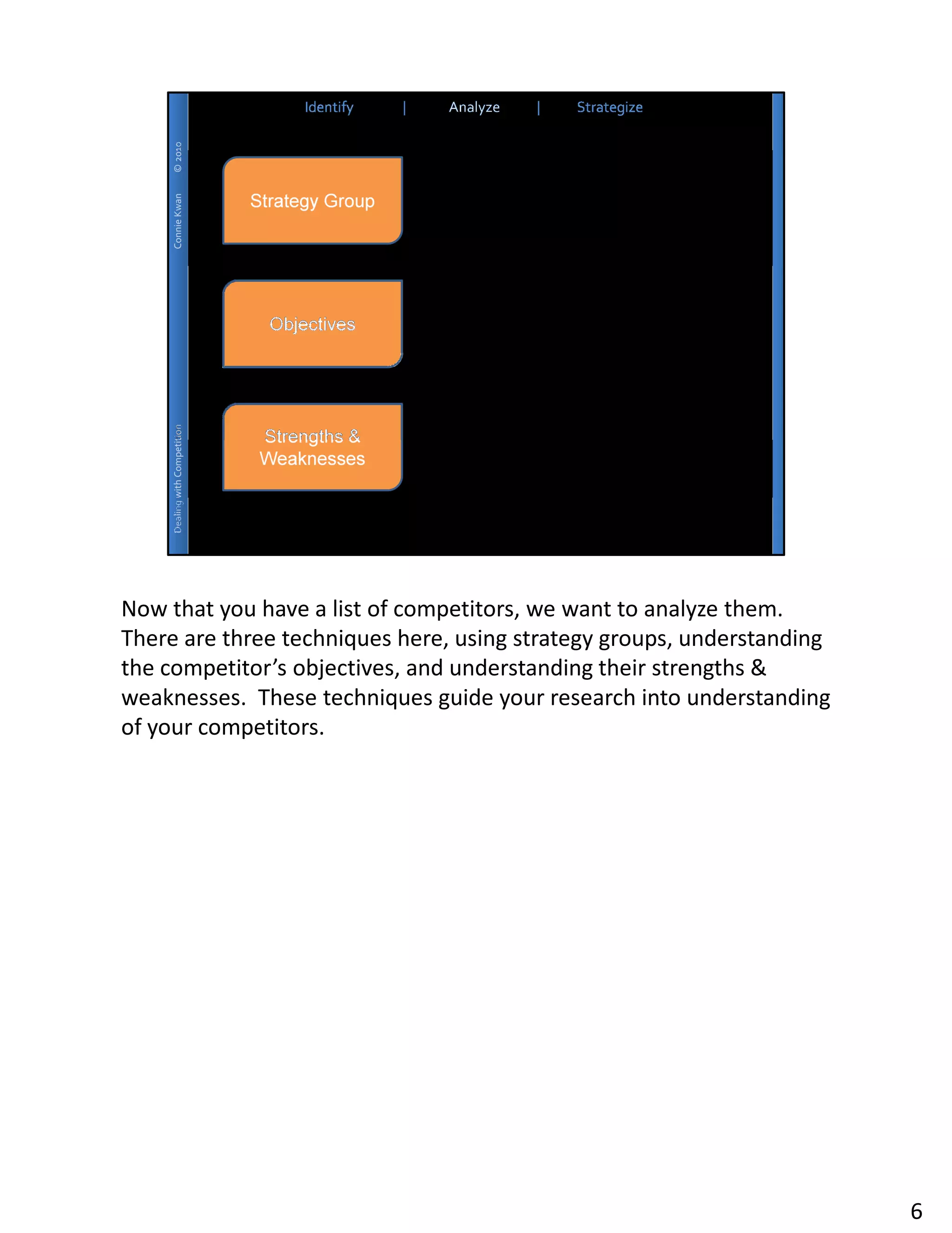 Now that you have a list of competitors, we want to analyze them.
There are three techniques here, using strategy groups, understanding
the competitor’s objectives, and understanding their strengths &
weaknesses. These techniques guide your research into understanding
of your competitors.




                                                                        6
 