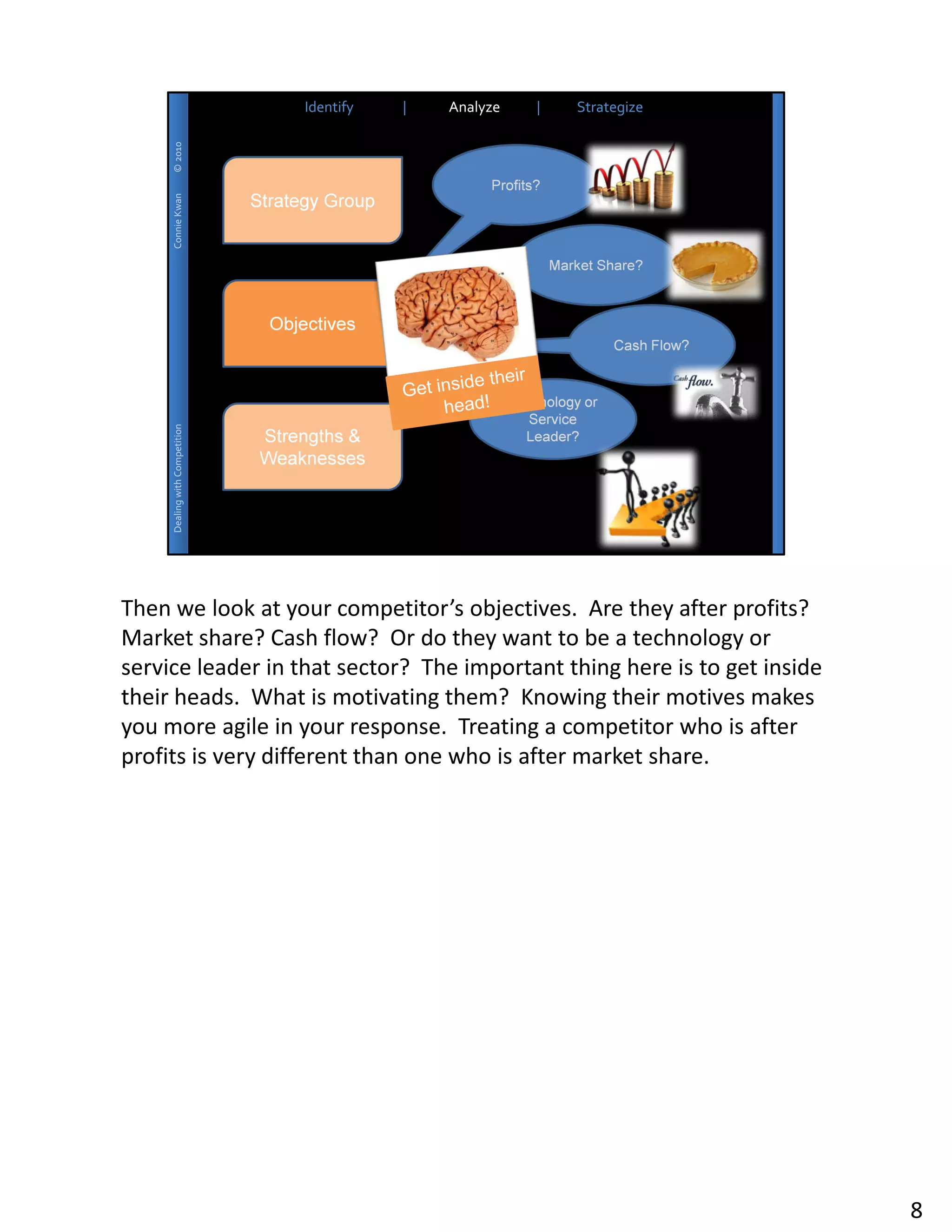 Then we look at your competitor’s objectives. Are they after profits?
Market share? Cash flow? Or do they want to be a technology or
service leader in that sector? The important thing here is to get inside
their heads. What is motivating them? Knowing their motives makes
you more agile in your response. Treating a competitor who is after
profits is very different than one who is after market share.




                                                                           8
 