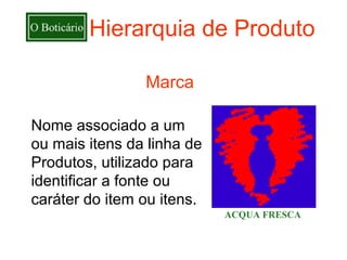 Hierarquia de Produto

                Marca

Nome associado a um
ou mais itens da linha de
Produtos, utilizado para
identificar a fonte ou
caráter do item ou itens.
                            ACQUA FRESCA
 