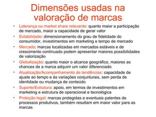 Dimensões usadas na
          valoração de marcas
•   Liderança ou market share relevante: quanto maior a participação
    de mercado, maior a capacidade de gerar valor
•   Estabilidade: dimensionamento do grau de fidelidade do
    consumidor, investimentos em marketing e tempo de mercado
•   Mercado: marcas localizadas em mercados estáveis e de
    crescimento continuado podem apresentar maiores possibilidades
    de valorização
•   Globalização: quanto maior o alcance geográfico, maiores as
    chances de a marca adquirir um valor diferenciado
•   Atualização/Acompanhamento de tendências: capacidade de
    ajuste ao tempo e às variações conjunturais, sem perda de
    identidade ou mudança de conteúdo
•   Suporte/Estrutura: apoio, em termos de investimentos em
    marketing e estrutura de operacional e tecnológica
•   Proteção legal: marcas protegidas e eventuais patentes de
    processos produtivos, também resultam em maior valor para as
    marcas
 