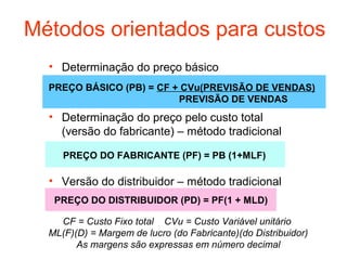 Métodos orientados para custos
  • Determinação do preço básico
  PREÇO BÁSICO (PB) = CF + CVu(PREVISÃO DE VENDAS)
                          PREVISÃO DE VENDAS
  • Determinação do preço pelo custo total
    (versão do fabricante) – método tradicional

     PREÇO DO FABRICANTE (PF) = PB (1+MLF)

  • Versão do distribuidor – método tradicional
   PREÇO DO DISTRIBUIDOR (PD) = PF(1 + MLD)

    CF = Custo Fixo total CVu = Custo Variável unitário
  ML(F)(D) = Margem de lucro (do Fabricante)(do Distribuidor)
        As margens são expressas em número decimal
 