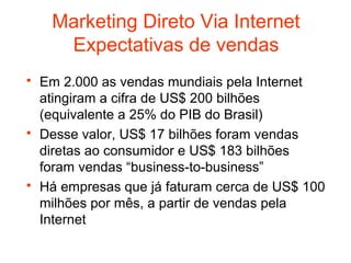 Marketing Direto Via Internet
      Expectativas de vendas
   Em 2.000 as vendas mundiais pela Internet
    atingiram a cifra de US$ 200 bilhões
    (equivalente a 25% do PIB do Brasil)
   Desse valor, US$ 17 bilhões foram vendas
    diretas ao consumidor e US$ 183 bilhões
    foram vendas “business-to-business”
   Há empresas que já faturam cerca de US$ 100
    milhões por mês, a partir de vendas pela
    Internet
 