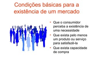 Condições básicas para a
existência de um mercado
             • Que o consumidor
               perceba a existência de
               uma necessidade
             • Que exista pelo menos
               um produto ou serviço
               para satisfazê-la
             • Que exista capacidade
               de compra
 