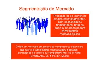 Segmentação de Mercado
                              Processo de se identificar
                              grupos de consumidores,
                                 com necessidades
                                homogêneas, para os
                               quais a empresa poderá
                                     fazer ofertas
                                   mercadológicas



Dividir um mercado em grupos de compradores potenciais
    que tenham semelhantes necessidades e desejos,
  percepções de valores ou comportamentos de compra
            (CHURCHILL Jr. & PETER (2000)
 
