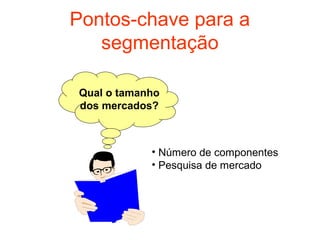 Pontos-chave para a
   segmentação

Qual o tamanho
dos mercados?



            • Número de componentes
            • Pesquisa de mercado
 