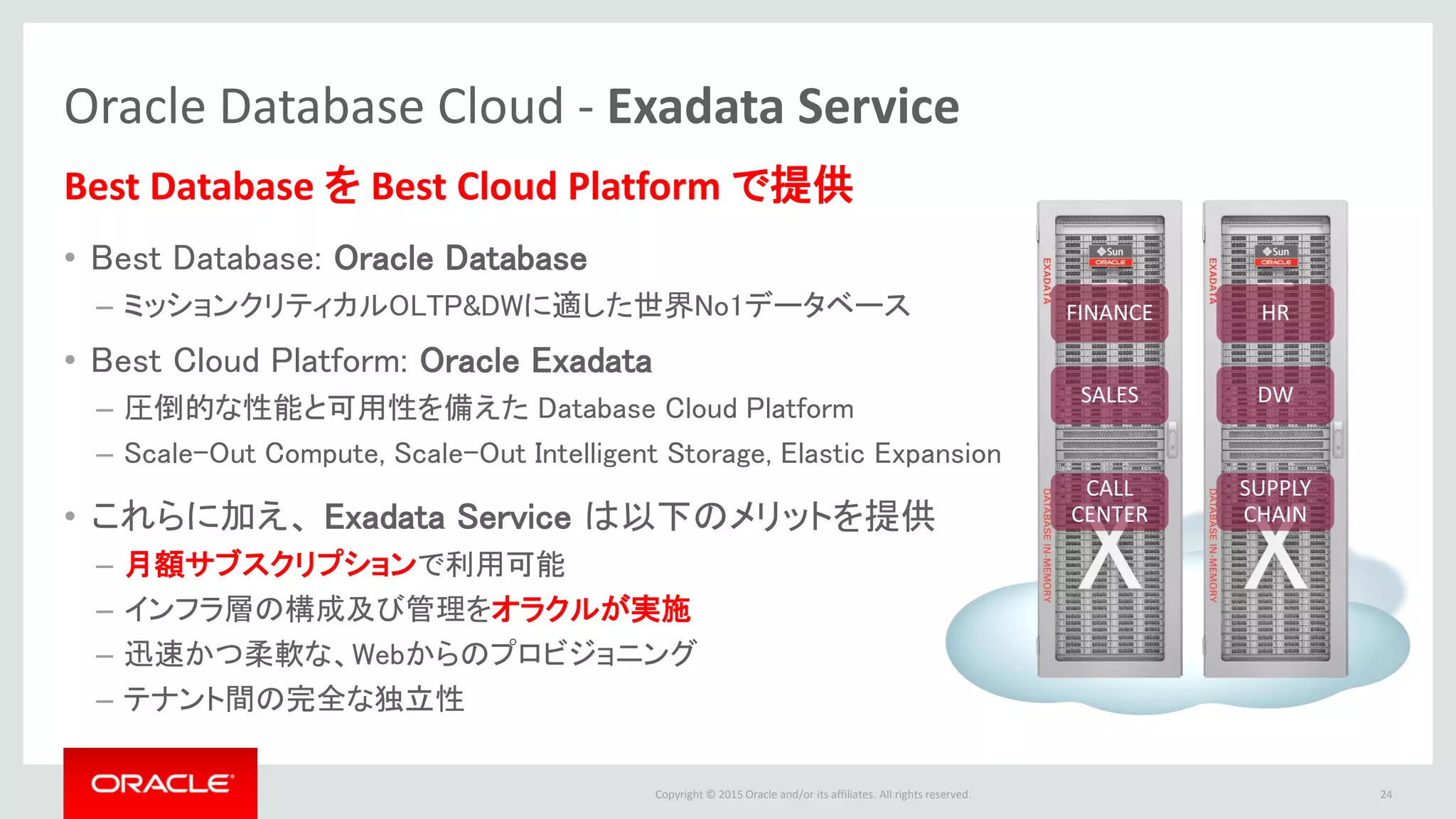 Copyright © 2015 Oracle and/or its affiliates. All rights reserved.
Oracle Database Cloud - Exadata Service
• Best Database: Oracle Database
– ミッションクリティカルOLTP&DWに適した世界No1データベース
• Best Cloud Platform: Oracle Exadata
– 圧倒的な性能と可用性を備えた Database Cloud Platform
– Scale-Out Compute, Scale-Out Intelligent Storage, Elastic Expansion
• これらに加え、 Exadata Service は以下のメリットを提供
– 月額サブスクリプションで利用可能
– インフラ層の構成及び管理をオラクルが実施
– 迅速かつ柔軟な、Webからのプロビジョニング
– テナント間の完全な独立性
Best Database を Best Cloud Platform で提供
FINANCE
SALES
CALL
CENTER
HR
DW
SUPPLY
CHAIN
24
 