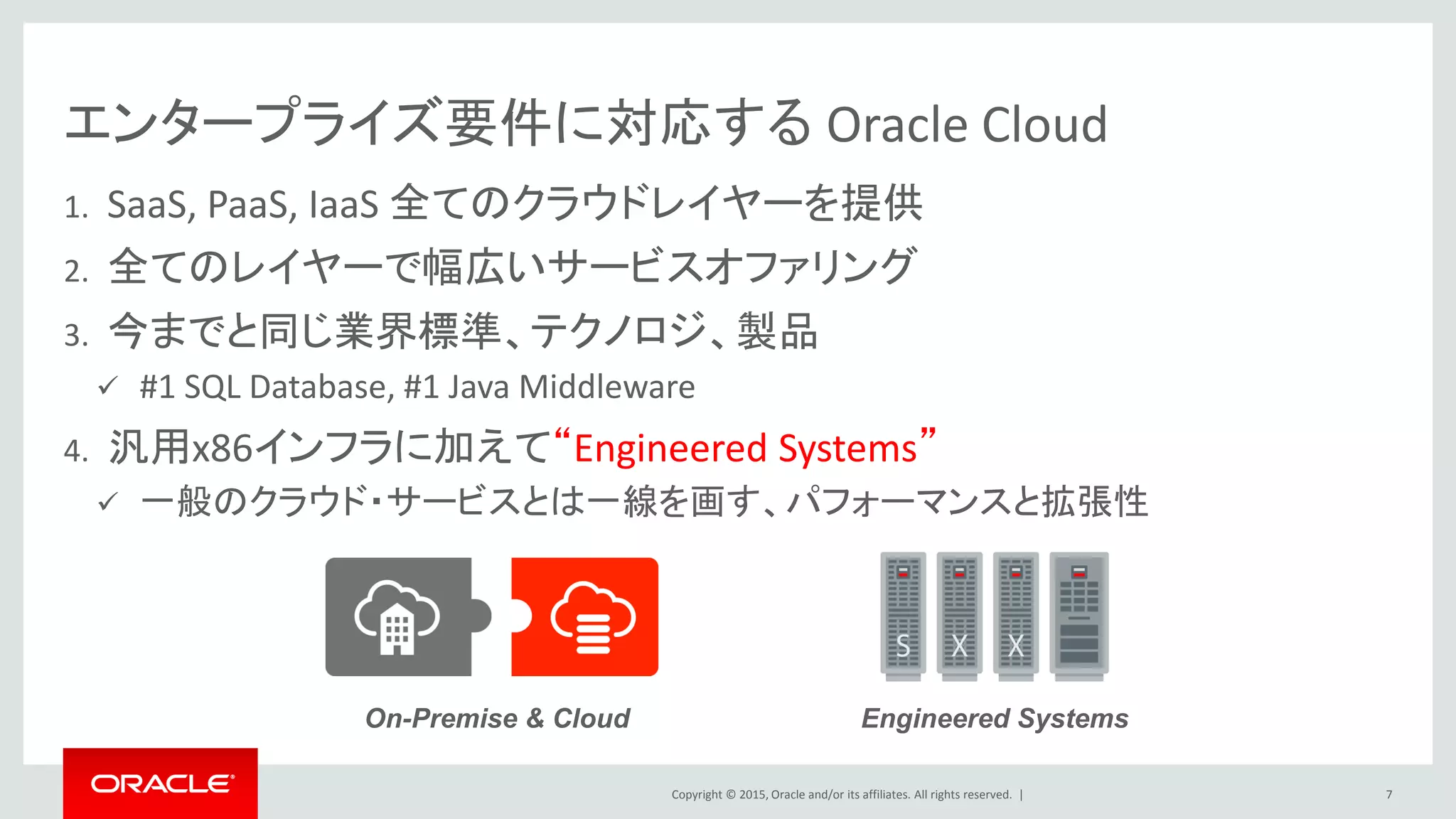 Copyright © 2015, Oracle and/or its affiliates. All rights reserved. |
エンタープライズ要件に対応する Oracle Cloud
1. SaaS, PaaS, IaaS 全てのクラウドレイヤーを提供
2. 全てのレイヤーで幅広いサービスオファリング
3. 今までと同じ業界標準、テクノロジ、製品
 #1 SQL Database, #1 Java Middleware
4. 汎用x86インフラに加えて“Engineered Systems”
 一般のクラウド・サービスとは一線を画す、パフォーマンスと拡張性
7
Engineered SystemsOn-Premise & Cloud
 