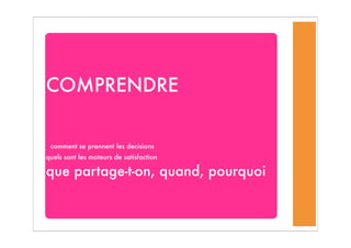 COMPRENDRE
comment se prennent les decisions
quels sont les moteurs de satisfaction
que partage-t-on, quand, pourquoi
 