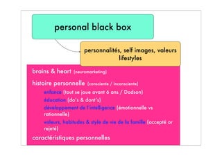 brains & heart (neuromarketing)
histoire personnelle (consciente / inconsciente)
enfance (tout se joue avant 6 ans / Dodson)
éducation (do’s & dont’s)
développement de l’intelligence (émotionnelle vs
rationnelle)
valeurs, habitudes & style de vie de la famille (accepté or
rejeté)
caractéristiques personnelles
personal black box
personnalités, self images, valeurs
lifestyles
 