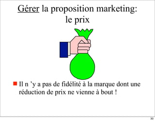 Gérer la proposition marketing:
le prix
 Il n ’y a pas de fidélité à la marque dont une
réduction de prix ne vienne à bout !
30
 