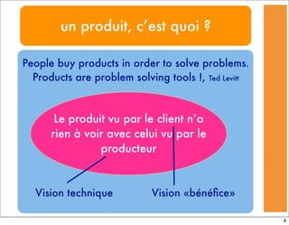 un produit, c’est quoi ?
People buy products in order to solve problems.
Products are problem solving tools !, Ted Levitt
Le produit vu par le client n’a
rien à voir avec celui vu par le
producteur
Vision technique Vision «bénéﬁce»
4
 