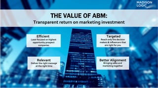 Laser focused on highest
opportunity prospect
companies
Reach only the decision
makers & influencers that
are right for you
THE VALUE OF ABM:
Transparent return on marketing investment
Efficient Targeted
Better AlignmentRelevant
Deliver the right message
at the right time
Bringing sales and
marketing together
 