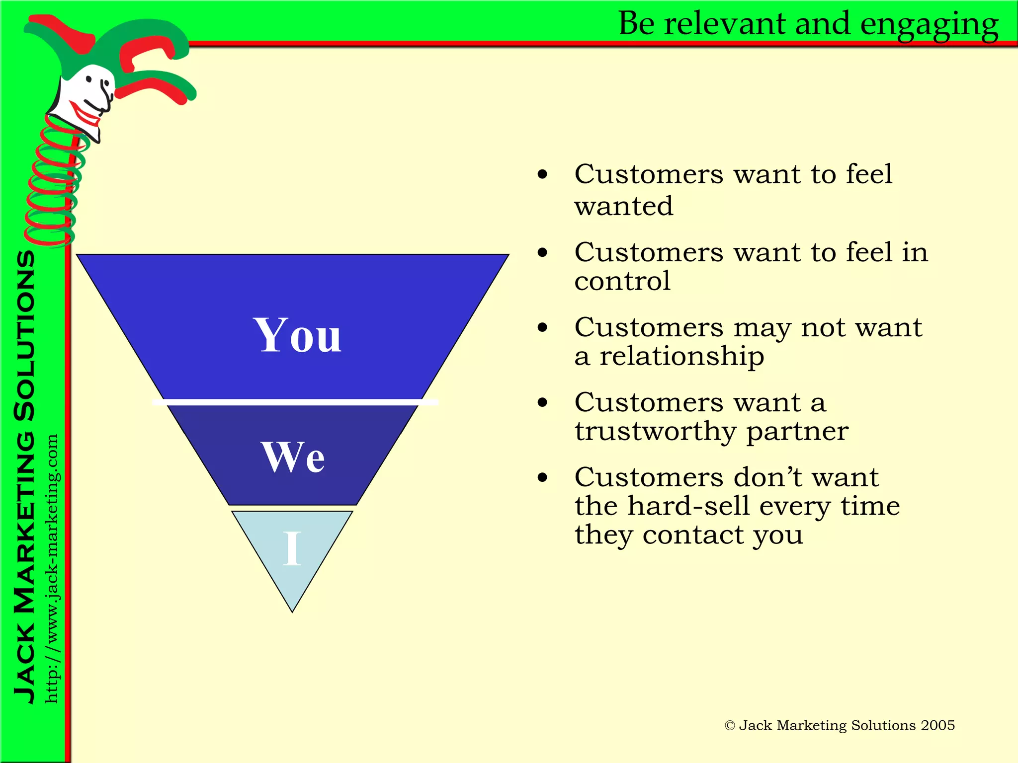 Be relevant and engaging Customers want to feel wanted Customers want to feel in control Customers may not want a relationship Customers want a trustworthy partner Customers don’t want the hard-sell every time they contact you I We You 
