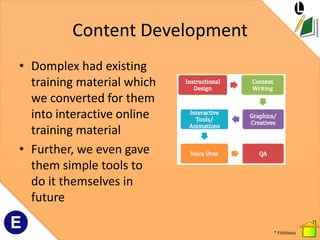 Content Development
• Domplex had existing
  training material which
  we converted for them
  into interactive online
  t...
