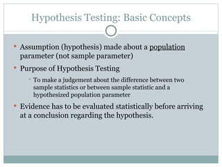 Assumption (hypothesis) made about a  population  parameter (not sample parameter) Purpose of Hypothesis Testing  To make a judgement about the difference between two sample statistics or between sample statistic and a hypothesized population parameter Evidence has to be evaluated statistically before arriving at a conclusion regarding the hypothesis. Hypothesis Testing: Basic Concepts 