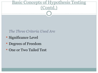 Basic Concepts of Hypothesis Testing (Contd.) The Three Criteria Used Are Significance Level Degrees of Freedom One or Two Tailed Test 