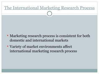 The International Marketing Research Process Marketing research process is consistent for both domestic and international markets Variety of market environments affect international marketing research process 