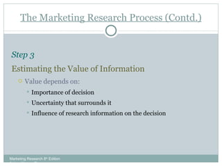 Step 3   Estimating the Value of Information Value depends on: Importance of decision Uncertainty that surrounds it Influence of research information on the decision The Marketing Research Process (Contd.) Marketing Research 8 th  Edition Aaker, Kumar, Day 