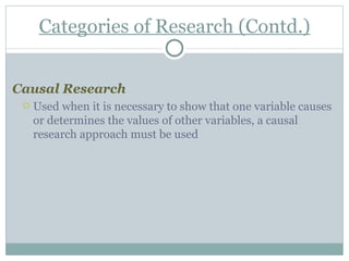Categories of Research (Contd.) Causal Research Used when it is necessary to show that one variable causes or determines the values of other variables, a causal research approach must be used 