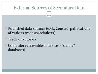 Published data sources (e.G., Census,  publications of various trade associations) Trade directories Computer retrievable databases ("online" databases) External Sources of Secondary Data 