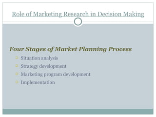 Role of Marketing Research in Decision Making Four Stages of Market Planning Process Situation analysis    Strategy development Marketing program development Implementation 