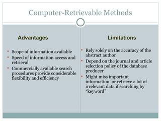 Scope of information available Speed of information access and retrieval Commercially available search procedures provide considerable flexibility and efficiency Rely solely on the accuracy of the abstract author Depend on the journal and article selection policy of the database producer Might miss important information, or retrieve a lot of irrelevant data if searching by “keyword” Computer-Retrievable Methods Limitations Advantages 