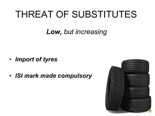THREAT OF SUBSTITUTES  Low,  but increasing   Import of tyres   ISI mark made compulsory   