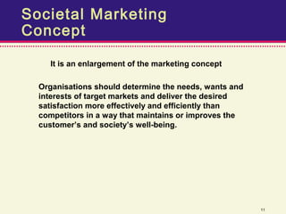 Societal Marketing
Concept

    It is an enlargement of the marketing concept

  Organisations should determine the needs, wants and
  interests of target markets and deliver the desired
  satisfaction more effectively and efficiently than
  competitors in a way that maintains or improves the
  customer’s and society’s well-being.




                                                        11
 