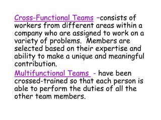 Cross-Functional Teams –consists of
workers from different areas within a
company who are assigned to work on a
variety of problems. Members are
selected based on their expertise and
ability to make a unique and meaningful
contribution.
Multifunctional Teams - have been
crossed-trained so that each person is
able to perform the duties of all the
other team members.
 