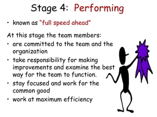 Stage 4: Performing
• known as “full speed ahead”
At this stage the team members:
• are committed to the team and the
organization
• take responsibility for making
improvements and examine the best
way for the team to function.
• stay focused and work for the
common good
• work at maximum efficiency
 