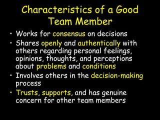 Characteristics of a Good
Team Member
• Works for consensus on decisions
• Shares openly and authentically with
others regarding personal feelings,
opinions, thoughts, and perceptions
about problems and conditions
• Involves others in the decision-making
process
• Trusts, supports, and has genuine
concern for other team members
 