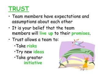TRUST
• Team members have expectations and
assumptions about each other
• It is your belief that the team
members will live up to their promises.
• Trust allows a team to:
•Take risks
•Try new ideas
•Take greater
initiative
 