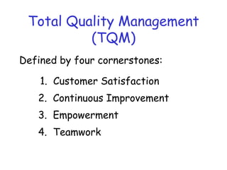 Total Quality Management
(TQM)
Defined by four cornerstones:
1. Customer Satisfaction
2. Continuous Improvement
3. Empowerment
4. Teamwork
 