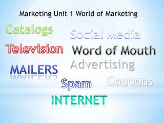 Marketing Unit 1 World of Marketing Catalogs Social Media Television Word of Mouth Advertising Mailers Coupons Spam Internet 