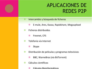 APLICACIONES DE REDES P2P Intercambio y búsqueda de ficheros E-mule, Ares, Kazaa, Rapidshare, Megaupload Ficheros distribuidos Freenet, CFS Telefonía vía Internet Skype Distribución de películas y programas televisivos BBC, WarneBros (vía BitTorrent) Cálculos científicos Cálculos Bioinformáticos 