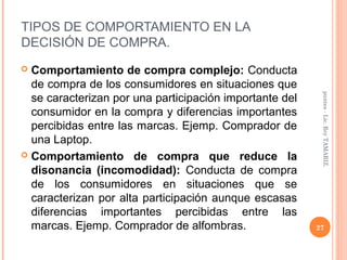 TIPOS DE COMPORTAMIENTO EN LA
DECISIÓN DE COMPRA.
 Comportamiento de compra complejo: Conducta
  de compra de los consumidores en situaciones que
  se caracterizan por una participación importante del




                                                          puntes - Lic. Rey TAMARIZ.
  consumidor en la compra y diferencias importantes
  percibidas entre las marcas. Ejemp. Comprador de
  una Laptop.
 Comportamiento de compra que reduce la
  disonancia (incomodidad): Conducta de compra
  de los consumidores en situaciones que se
  caracterizan por alta participación aunque escasas
  diferencias importantes percibidas entre las
  marcas. Ejemp. Comprador de alfombras.                 27
 