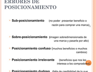 ERRORES DE
POSICIONAMIENTO

    Sub-posicionamiento      (no poder presentar beneficio o
                                razón para comprar una marca)




                                                                  59
    Sobre-posicionamiento (imagen sobredimensionada de
                                  una marca y pasarla por alto)

    Posicionamiento confuso (muchos beneficios o muchos
                                                     cambios)
                                                              pun
                                                              tes -
    Posicionamiento irrelevante      (beneficios que nos les Lic.
                                                              Rey
                                    interesa a los compradores)
                                                               TA
                                                              MA
                                                             RIZ.
 
 
