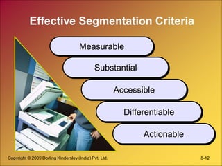 Copyright © 2009 Dorling Kindersley (India) Pvt. Ltd. 8-12
Effective Segmentation Criteria
Measurable
Substantial
Accessible
Differentiable
Actionable
 