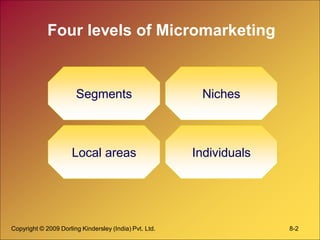 Copyright © 2009 Dorling Kindersley (India) Pvt. Ltd. 8-2
Four levels of Micromarketing
Segments
Local areas Individuals
Niches
 