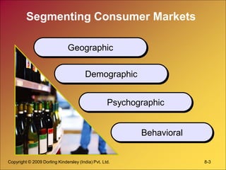 Copyright © 2009 Dorling Kindersley (India) Pvt. Ltd. 8-3
Segmenting Consumer Markets
Geographic
Demographic
Psychographic
Behavioral
 